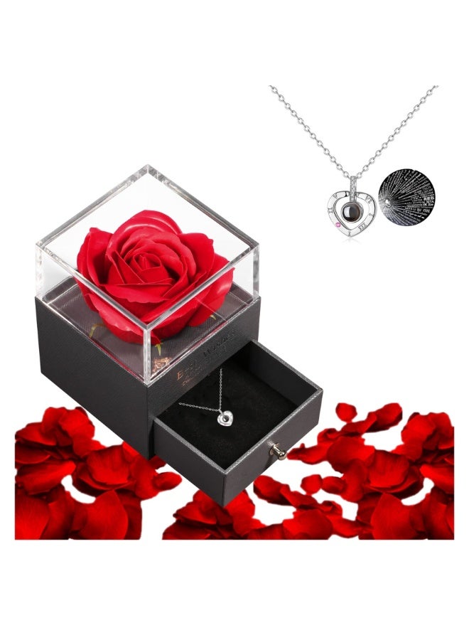 Love You Necklace in 100 Languages Gift Set, Enchanted Rose Flower for Valentine's Day Anniversary Wedding Birthday Romantic Gifts for Her Sliver Color - Image 1